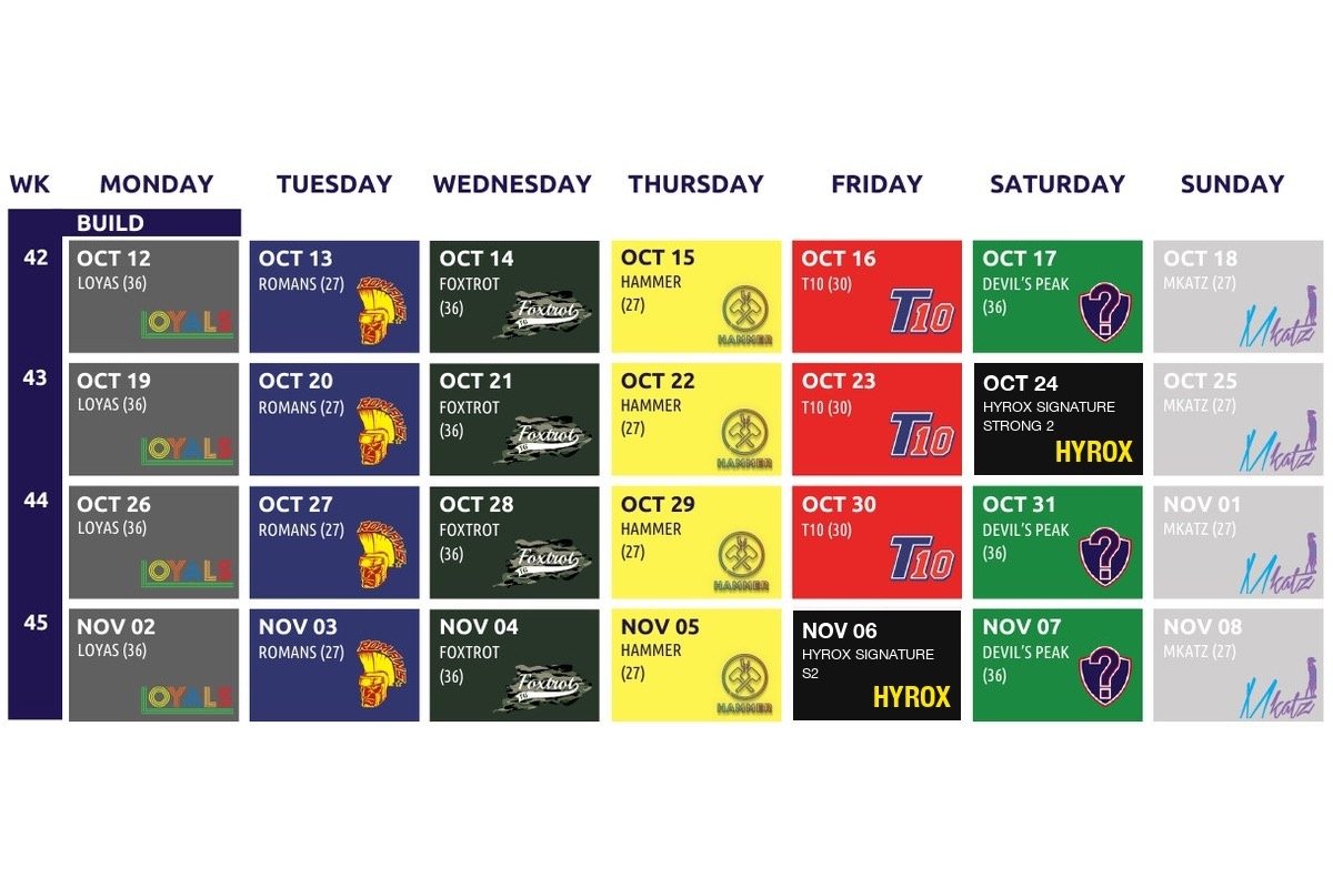 F45 Series 4 建構期課表：10/12 到 11/8 每天的 workout / Series 4 Build phase calendar, Oct 12 to Nov 8